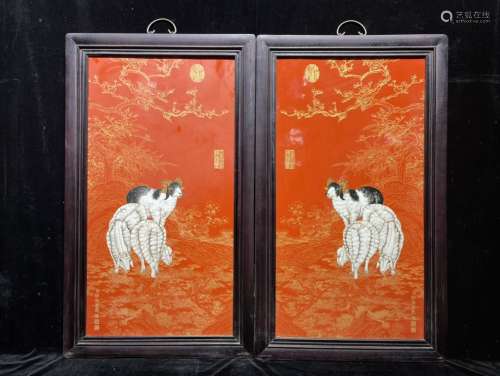 红木镶瓷板画珐琅掐丝三羊开泰挂屏