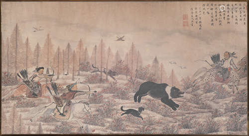 璞齋主人 狩獵圖橫幅  Puzhai Zhuren (Chinese) A hunting scene...