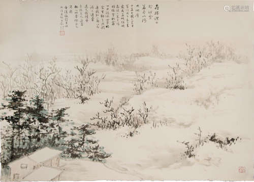 張谷年 雪景圖鏡片  Zhang Gunian (Chinese) A painting of a sn...