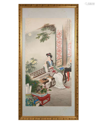 黃均 仕女圖鏡框  Huang Jun (Chinese) A painting of a court l...