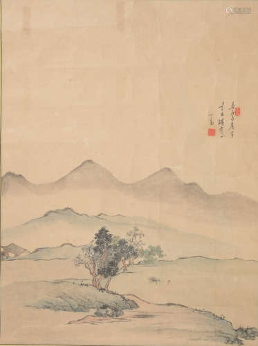 溥儒 牧牛圖鏡片  Pu Ru (Chinese) A painting with a man and w...