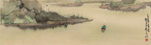 譚聖卓 山水橫幅   Tan Shengzhuo (Chinese), A landscape paint...