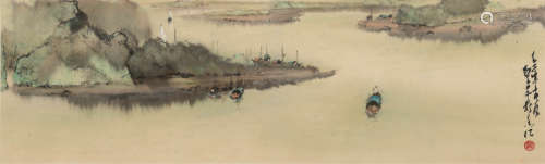 譚聖卓 山水橫幅   Tan Shengzhuo (Chinese), A landscape paint...