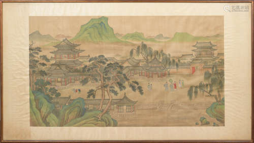絹本山水亭臺人物橫幅  Unknown (Chinese) A landscape painting...