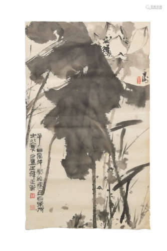 韓天衡 墨荷圖鏡片  Han Tianheng (Chinese) A painting of lotu...