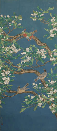 鄒一桂款  石青地花鳥鏡片  Attributed to Zou Yigui (Chinese) ...