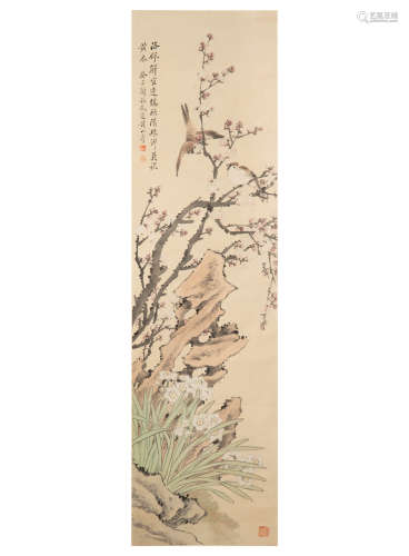 黃山壽 花鳥立軸  Huang Sanshou (Chinese) A painting of flowe...