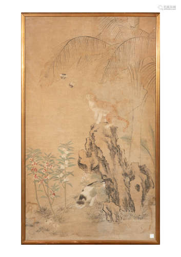 清代 耄耋圖鏡框  Unknown (Chinese), A painting of cats and b...
