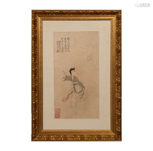 沈遂 仕女圖鏡框  Shen Shui (Chinese) A painting of a court l...