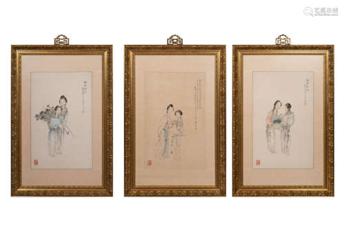 沈心海 仕女圖鏡框三張  Shen Xinhai (Chinese) Three paintings...