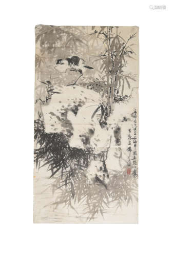 韓天衡 竹石花鳥圖鏡片  Han Tianheng (Chinese) A painting of ...