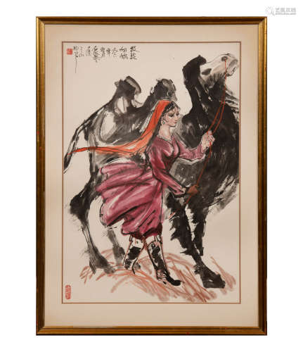 馬泉藝 牧駝姑娘鏡框  Ma Yiquan (Chinese) A painting of a gir...