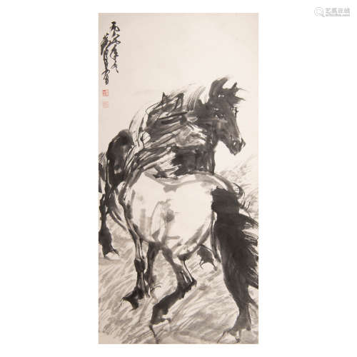 黃胃 黑白雙駿圖立軸  Huang Zhou (Chinese) A painting of two ...