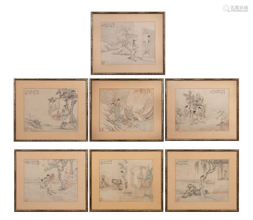 良材 仕女圖冊頁七開  Liang Cai (Chinese) Seven paintings of ...