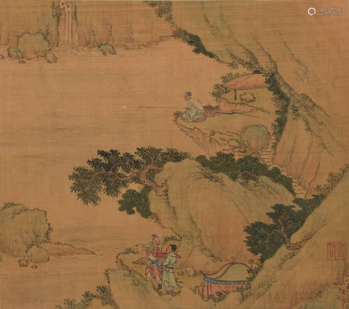 絹本渭水訪賢圖及書法鬥方兩張  Unknown (Chinese) A silk paint...