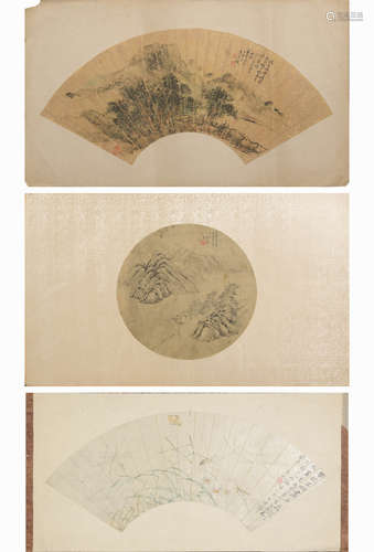 山水扇面三張  Unknown (Chinese) A group of three fan paintin...