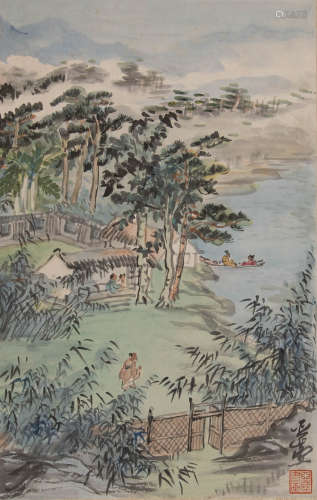 汪亞塵 絹本江村景色鏡片  Wang Yachen (Chinese), A painting o...