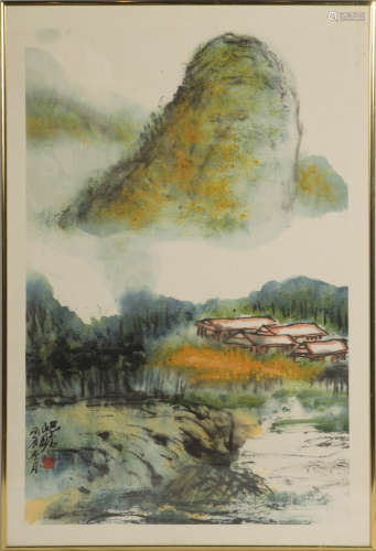 朱屺瞻 山水鏡心  Zhu Qizhan (Chinese) A framed landscape pai...