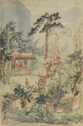 汪亞塵 鬆樹茅屋鏡片  Wang Yachen (Chinese), A painting of a ...
