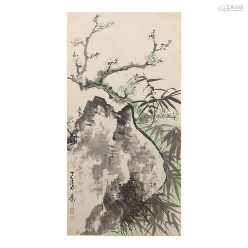 謝稚柳 梅竹雙清鏡框  Xie Zhiliu (Chinese) A painting of plum...
