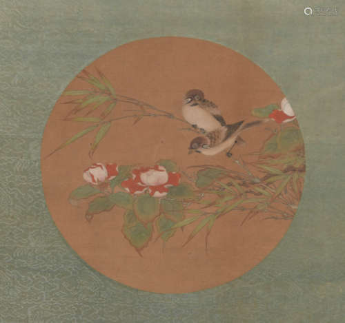 清代   絹本花鳥團扇鏡框  Unknown (Chinese), A flower paintin...