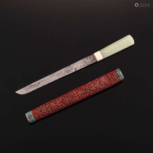 十九世紀早 剔紅鞘玉把刀A Chinese knife with cinnabar scabbar...