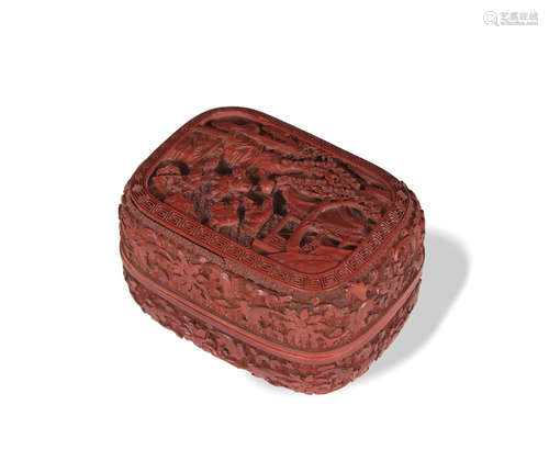 十九世紀 剔紅亭臺人物蓋盒A Chinese cinnabar box, 19th centur...