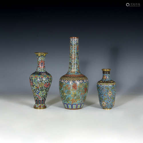 十九世紀 銅胎掐絲琺琅瓶三隻Three Chinese cloisonne vases, 19...