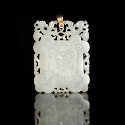 十九世紀 白玉人物牌A Chinese white jade carved plaque, 19th ...