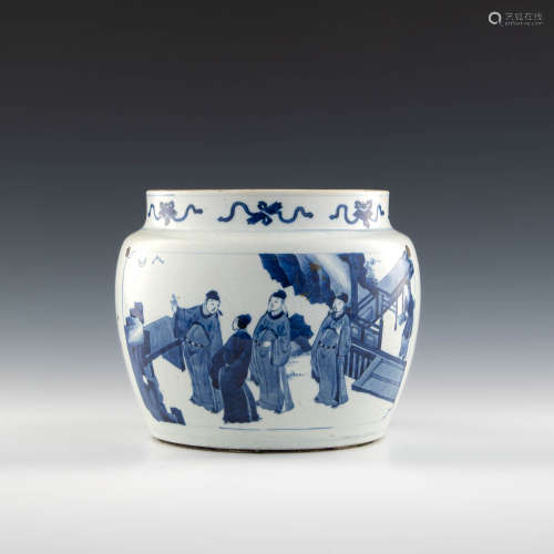 清康熙 青花人物粥罐A Chinese blue and white figural jar, Kan...