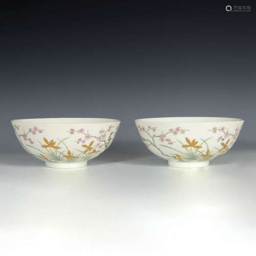 清道光 慎德堂制粉彩梅蘭圖碗一對A pair of famille rose Sheng ...