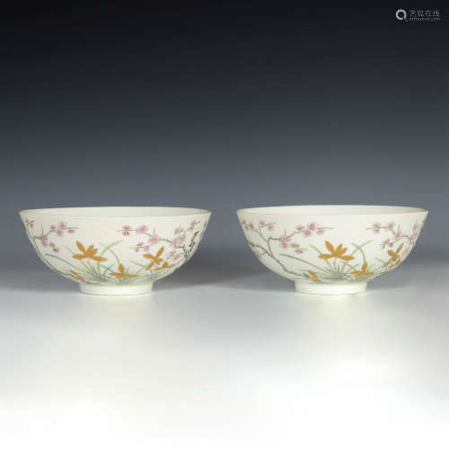 清道光 慎德堂制粉彩梅蘭圖碗一對A pair of famille rose Sheng ...