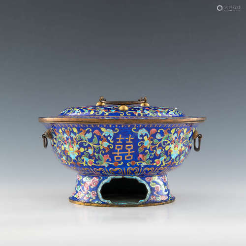 十九世紀 銅胎琺琅火煱A Chinese blue ground Canton enamel hot...