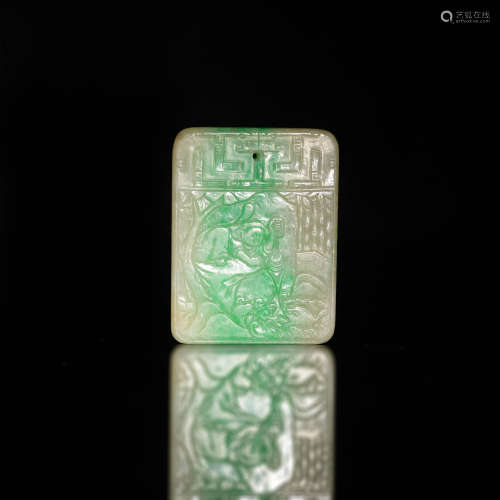 十九世紀早 翡翠山水詩文牌A Chinese jadeite plaque with a lan...