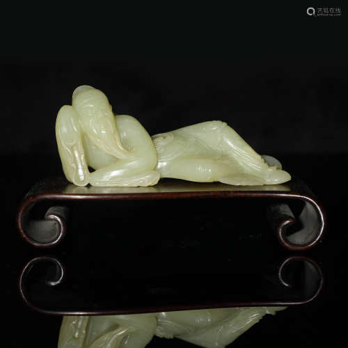 十九世紀 玉雕太白臥像A Chinese carved jade figure of Taibai,...