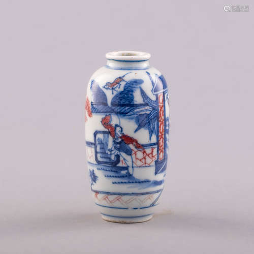 十九世紀 青花釉裏紅亭台人物鼻煙壺A Chinese underglaze copper...