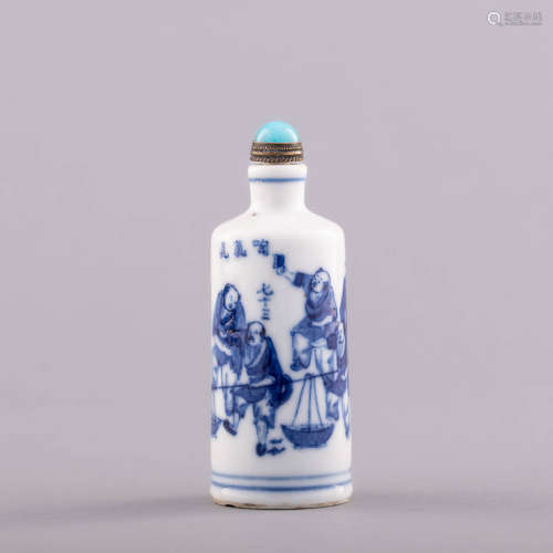十九世紀 青花市井圖鼻煙壺A Chinese blue and white porcelain ...