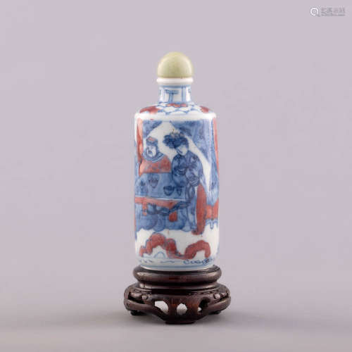 十九世紀 青花釉裏紅人物鼻煙壺A Chinese underglaze copper-red...