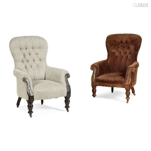 PAIR OF VICTORIAN UPHOLSTERED WALNUT FRAMED ARMCHAIRS MID 19...