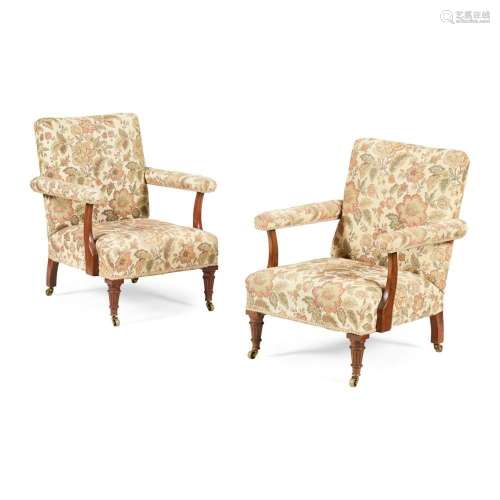 PAIR OF VICTORIAN MAHOGANY FRAMED LIBRARY ARMCHAIRS LATE 19T...