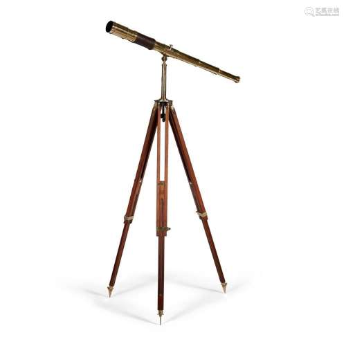 FRENCH BRASS DRAW TELESCOPE AND MAHOGANY TRIPOD STAND LATE 1...