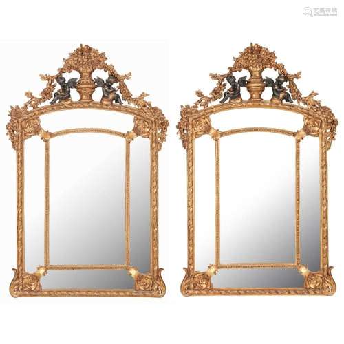 PAIR OF LOUIS XIV STYLE GILTWOOD AND EBONISED MIRRORS 20TH C...
