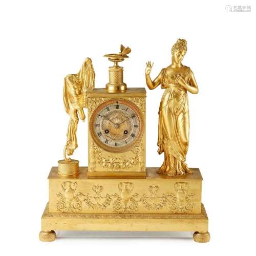 FRENCH EMPIRE FIGURAL GILT METAL MANTEL CLOCK EARLY 19TH CEN...