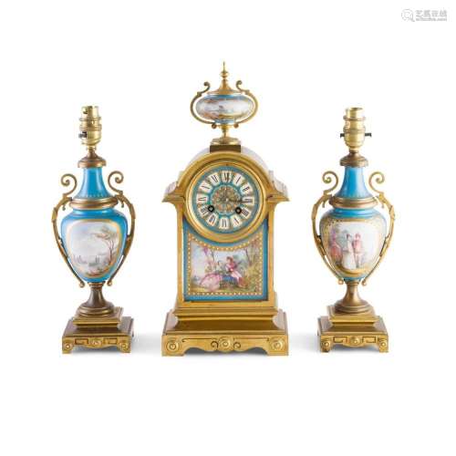 FRENCH PORCELAIN AND GILT METAL CLOCK GARNITURE 19TH CENTURY