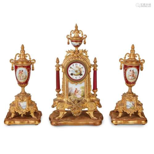 FRENCH PORCELAIN AND GILT METAL THREE PIECE CLOCK GARNITURE ...