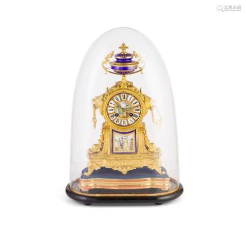 FRENCH GILT METAL AND PORCELAIN MOUNTED MANTEL CLOCK 19TH CE...