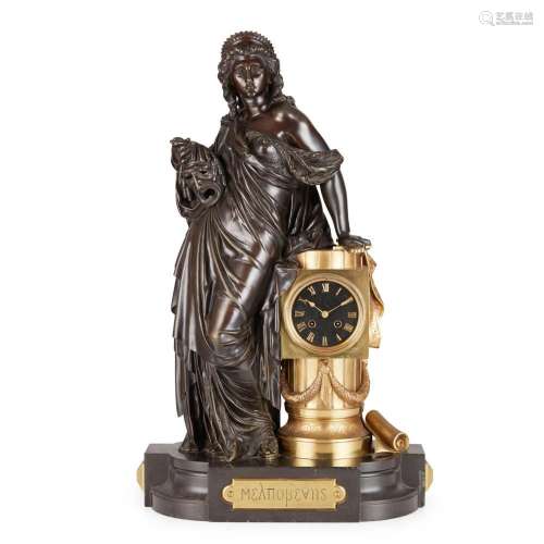 LARGE FRENCH PATINATED AND GILT BRONZE FIGURAL MANTEL CLOCK ...