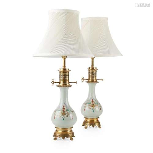 PAIR OF CELADON GLAZED AND GILT METAL LAMPS 19TH CENTURY