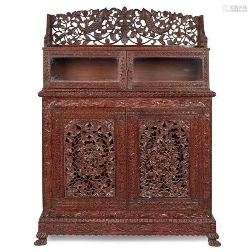 INDIAN CARVED  BLACKWOOD  SIDE CABINET AND HANGING CUPBOARD,...