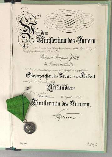 MdI Ehrenzeichen für Treue in der Arbeit mit Urkunde 1911